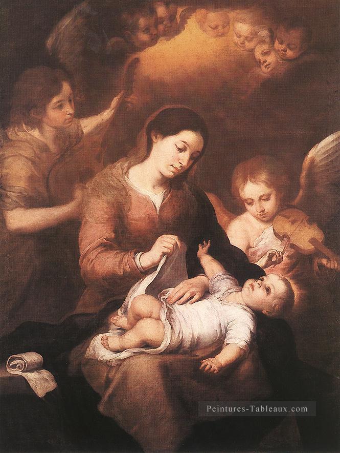 Mary et l’enfant avec des anges jouant de la musique espagnol Baroque Bartolome Esteban Murillo Peintures à l'huile